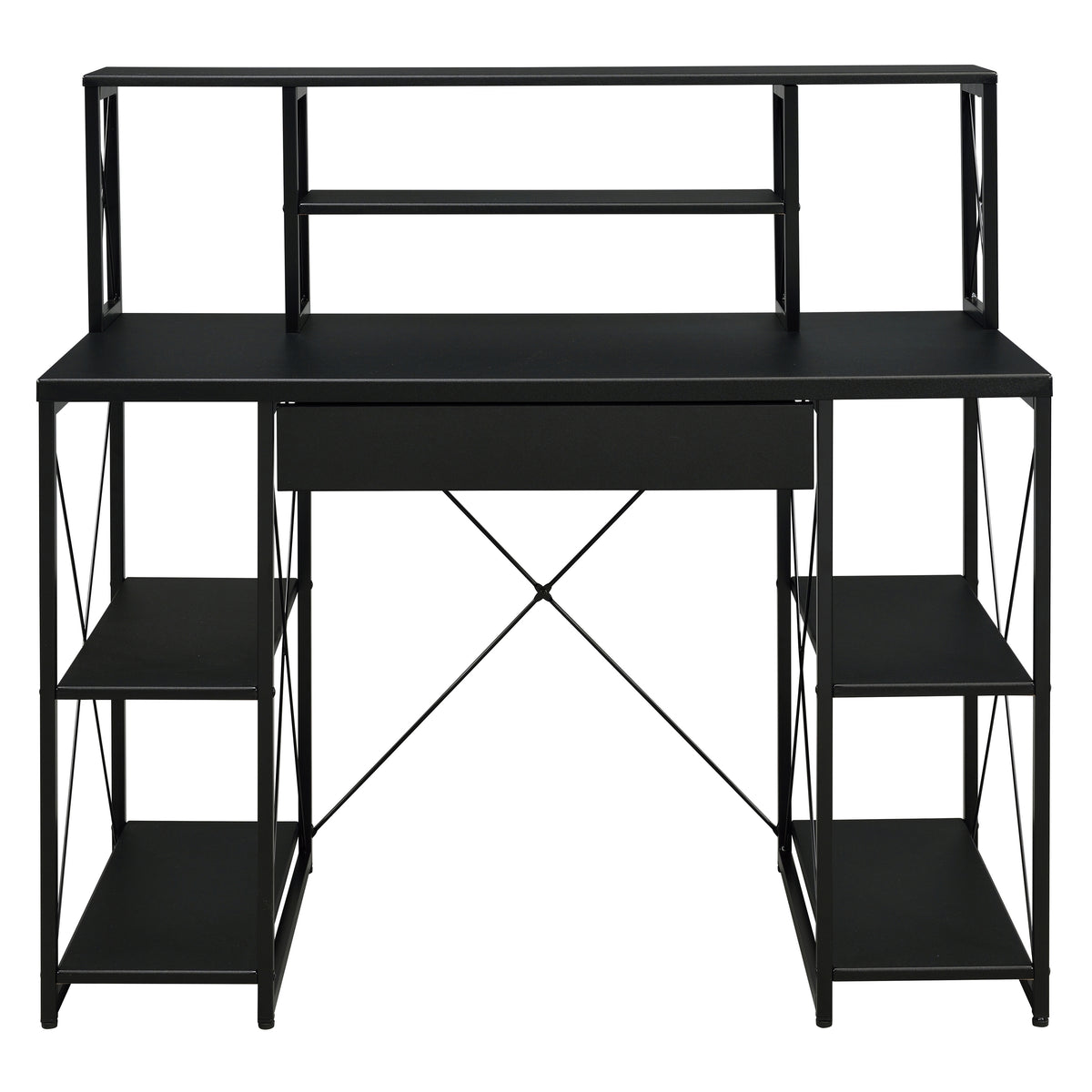 Black Office Desk with Open Shelves and Hutch - Black