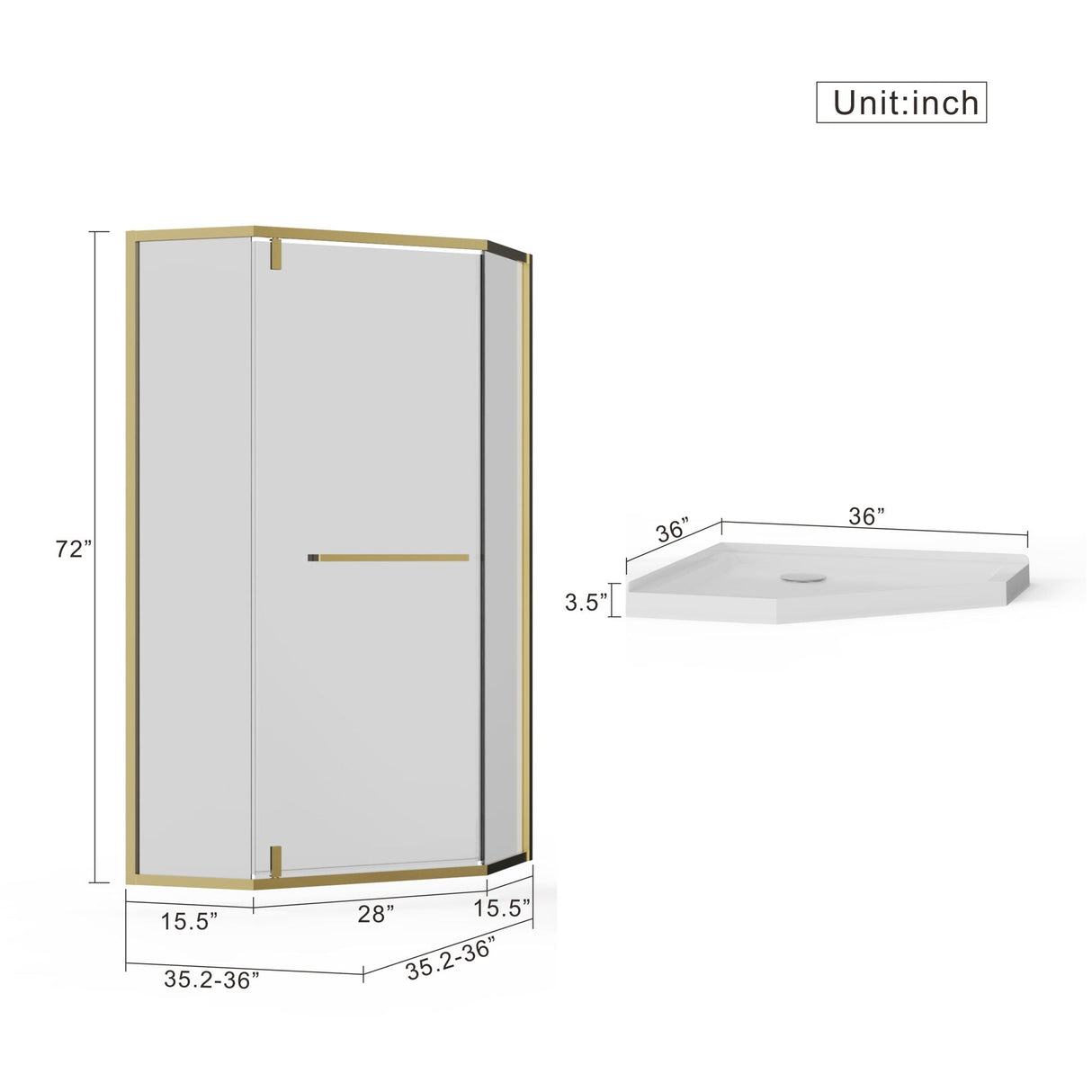 Goodyo - Neo-Angle Frameless Shower Door Corner Enclosure With Acrylic Shower Base Combo, Pivot Shower Door