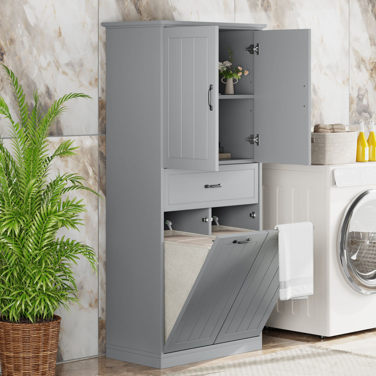 Modern Bathroom Storage Cabinet With Two Laundry Baskets, One Drawer, Adjustable Shelf - Best Buy Furniture