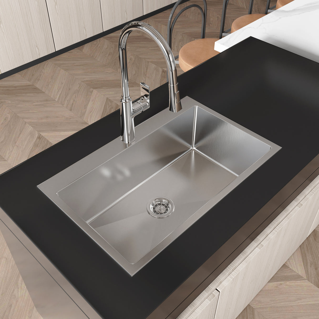 Stainless Steel Kitchen Sink, 30″x19″ Single Bowl, Overmount, Brushed Nickel