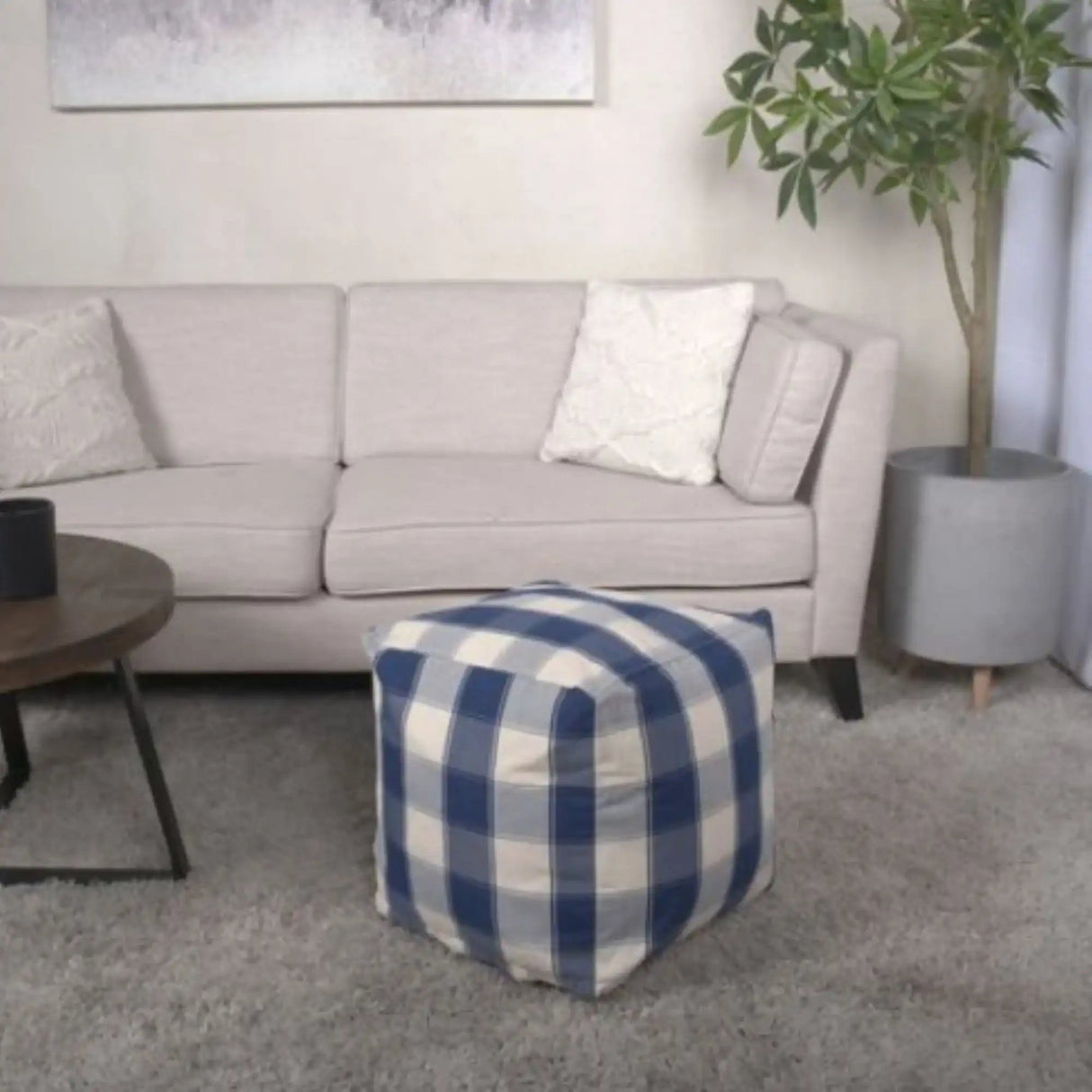 Connor Checkered Square Pouf Ottoman and Floor Cushion Ivory Navy