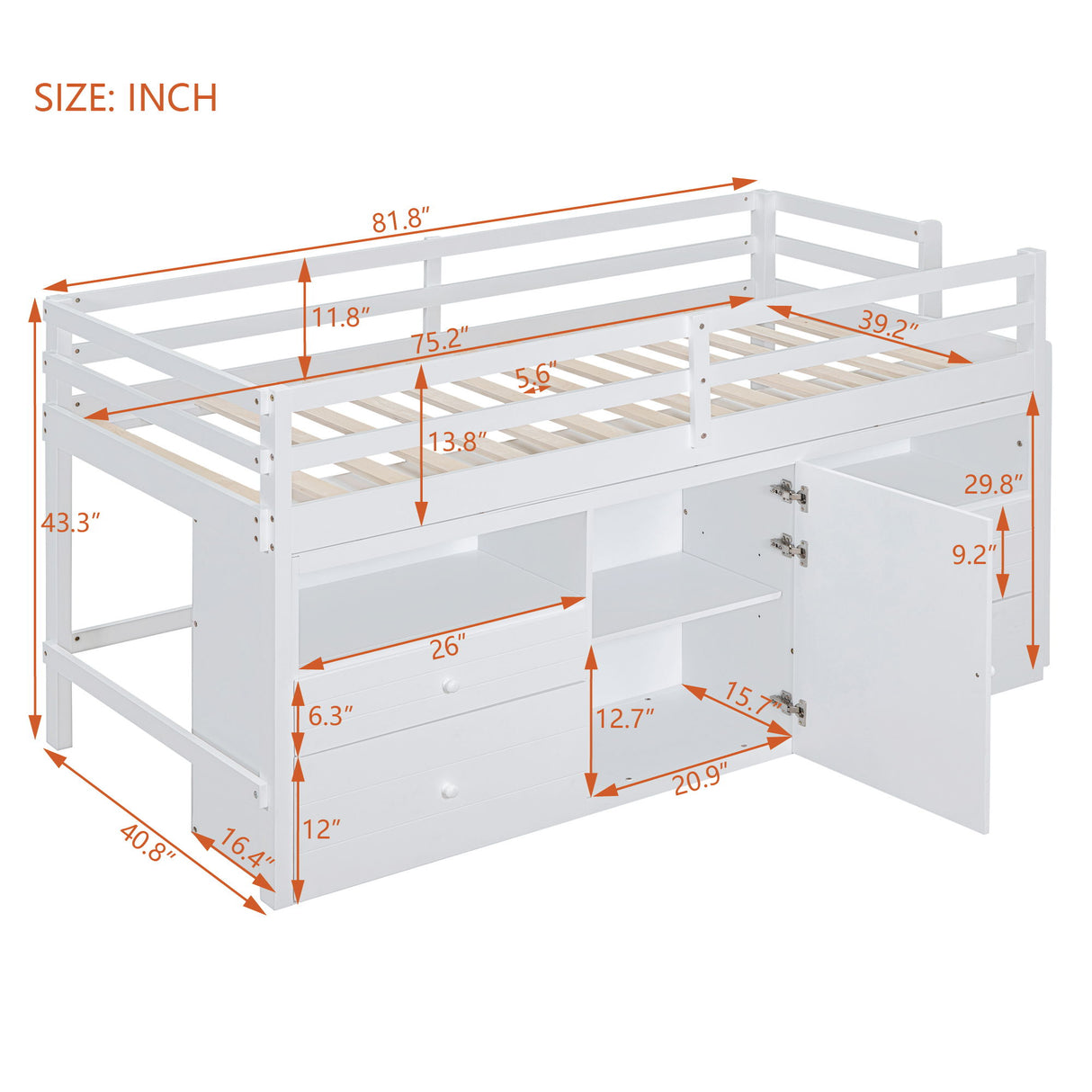 Loft Bed With 4 Drawers, Underneath Cabinet And Shelves