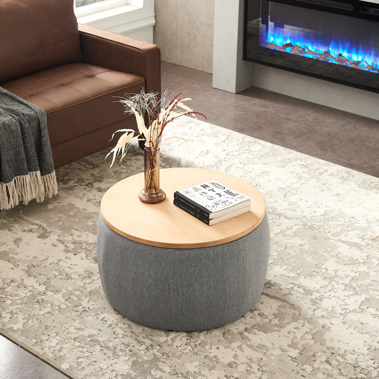Round Storage Ottoman, 2 in 1 Function, Dark