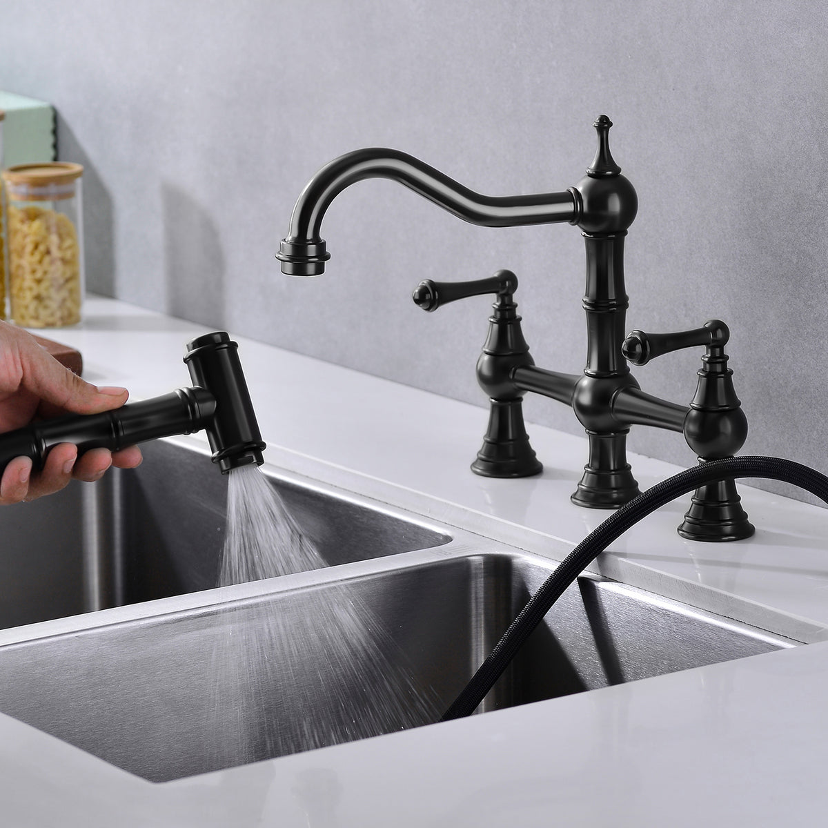 Bridge Dual Handles Kitchen Faucet With Pull-Out Side Spray