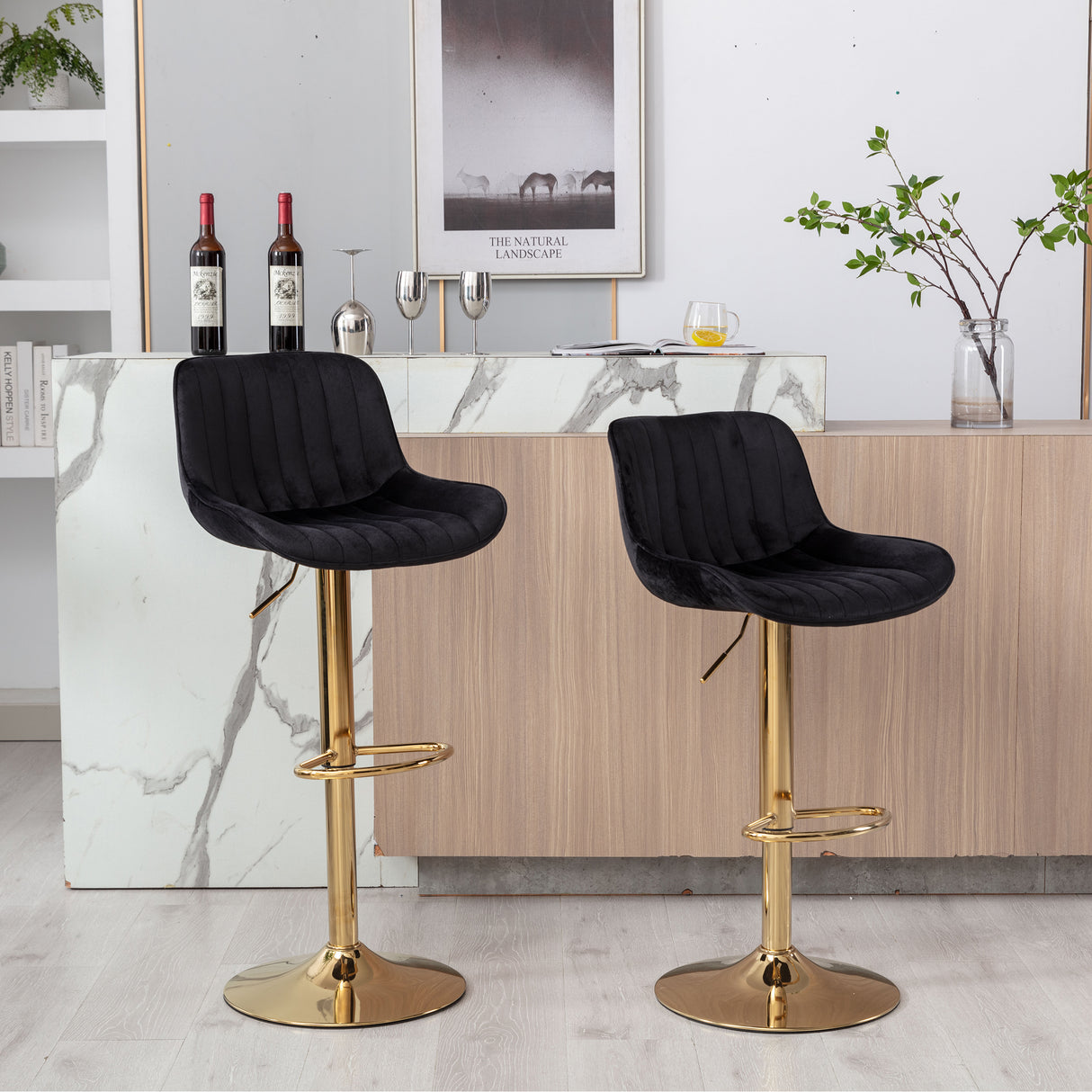 Chrome Footrest and Base Swivel Height Adjustable Mechanical Lifting Velvet Bar Stool, Set of 2