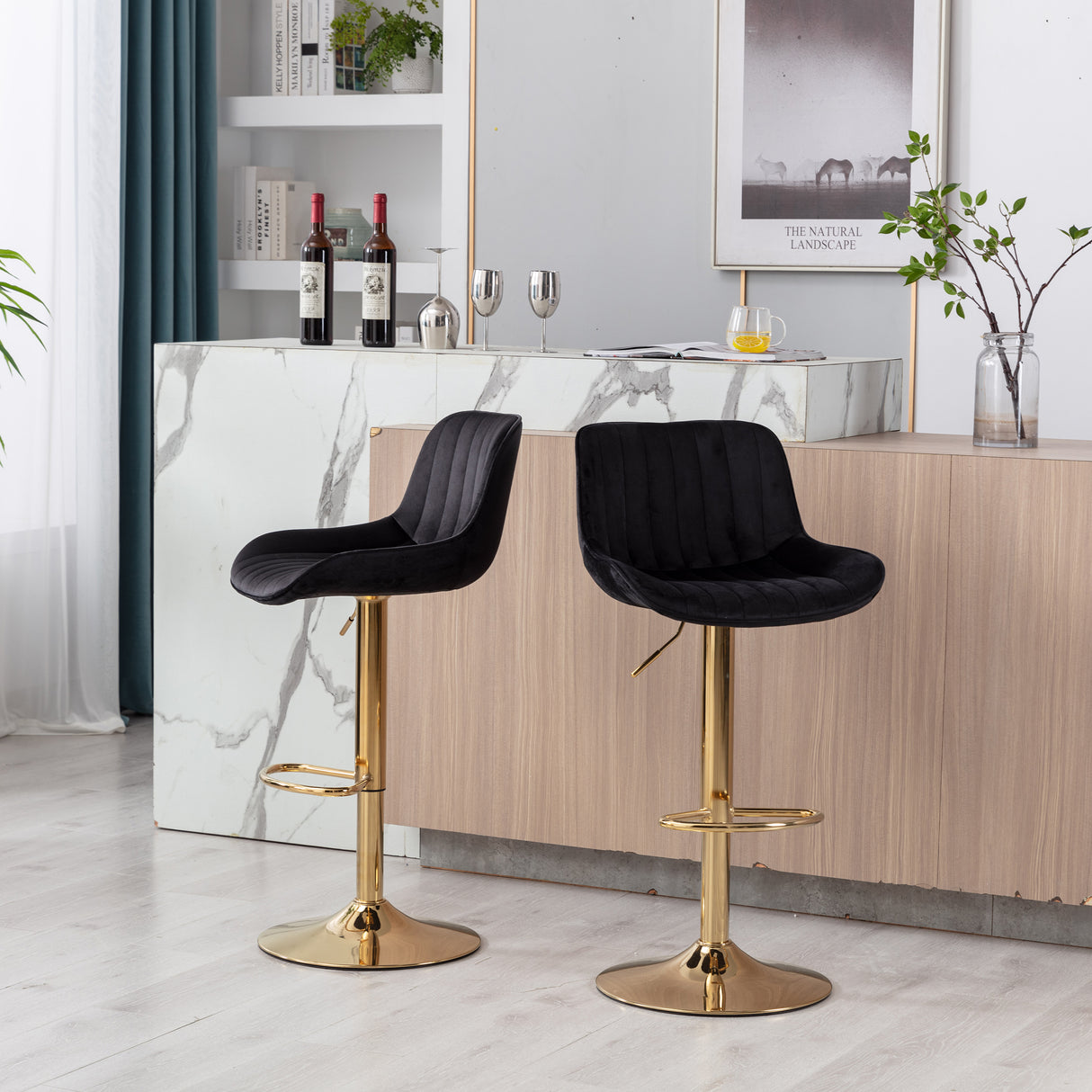 Chrome Footrest and Base Swivel Height Adjustable Mechanical Lifting Velvet Bar Stool, Set of 2