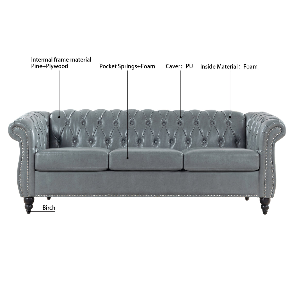 Rolled Arm Chesterfield 3 Seater Sofa