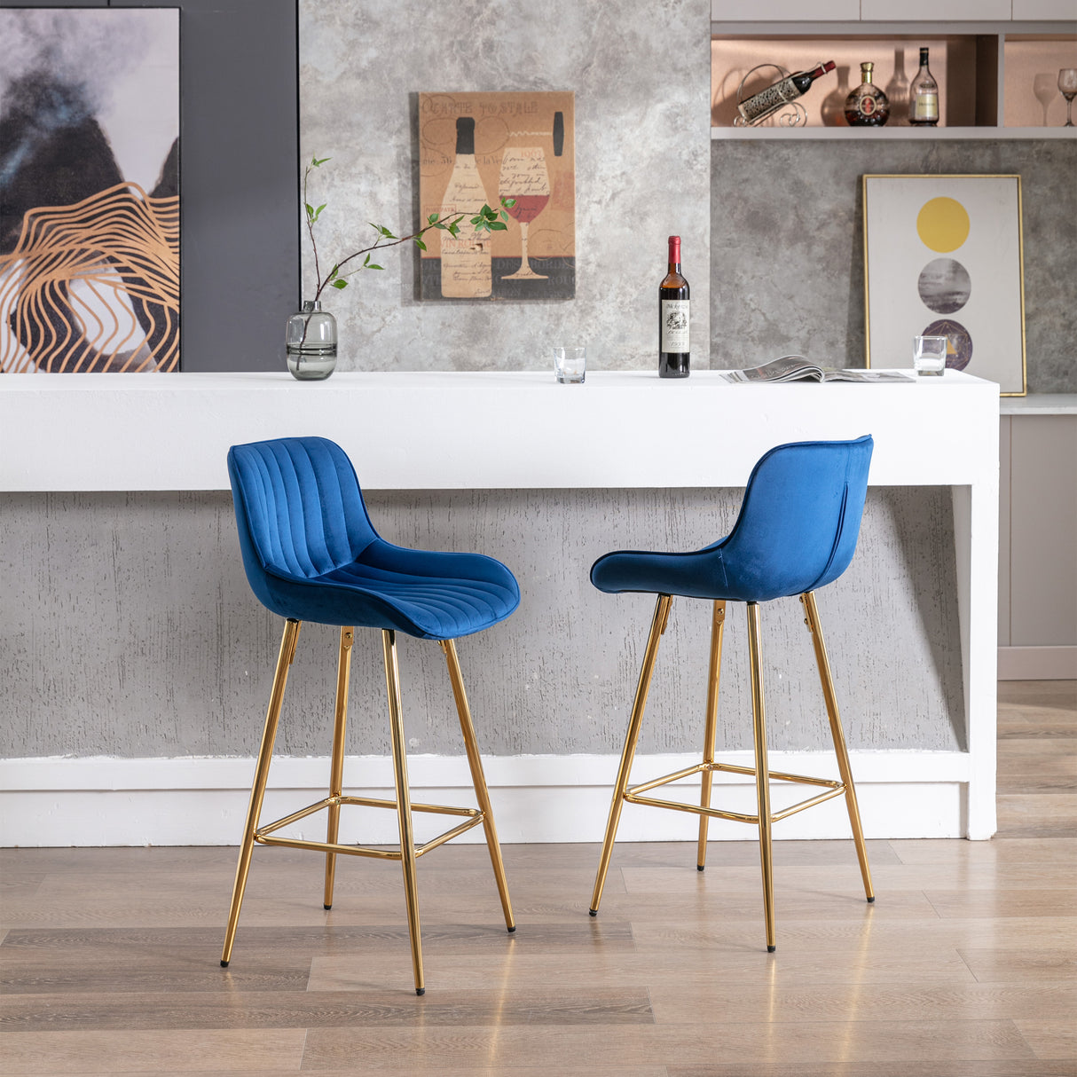 26 Inch Set of 2 Bar Stools with Steel Frame and Velvet Fabric