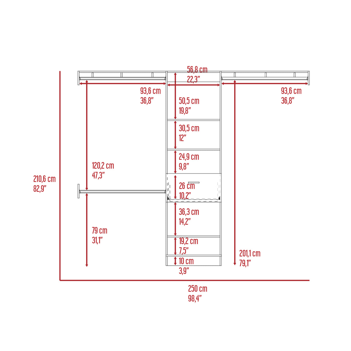 Calveston 1-Drawer 4-Shelf Closet System with Metal Rods - Dark Walnut