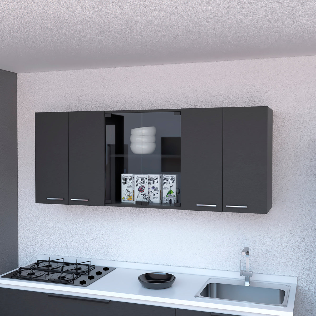 59-Inch Wall Cabinet with Two Center Glass Doors - Wenge