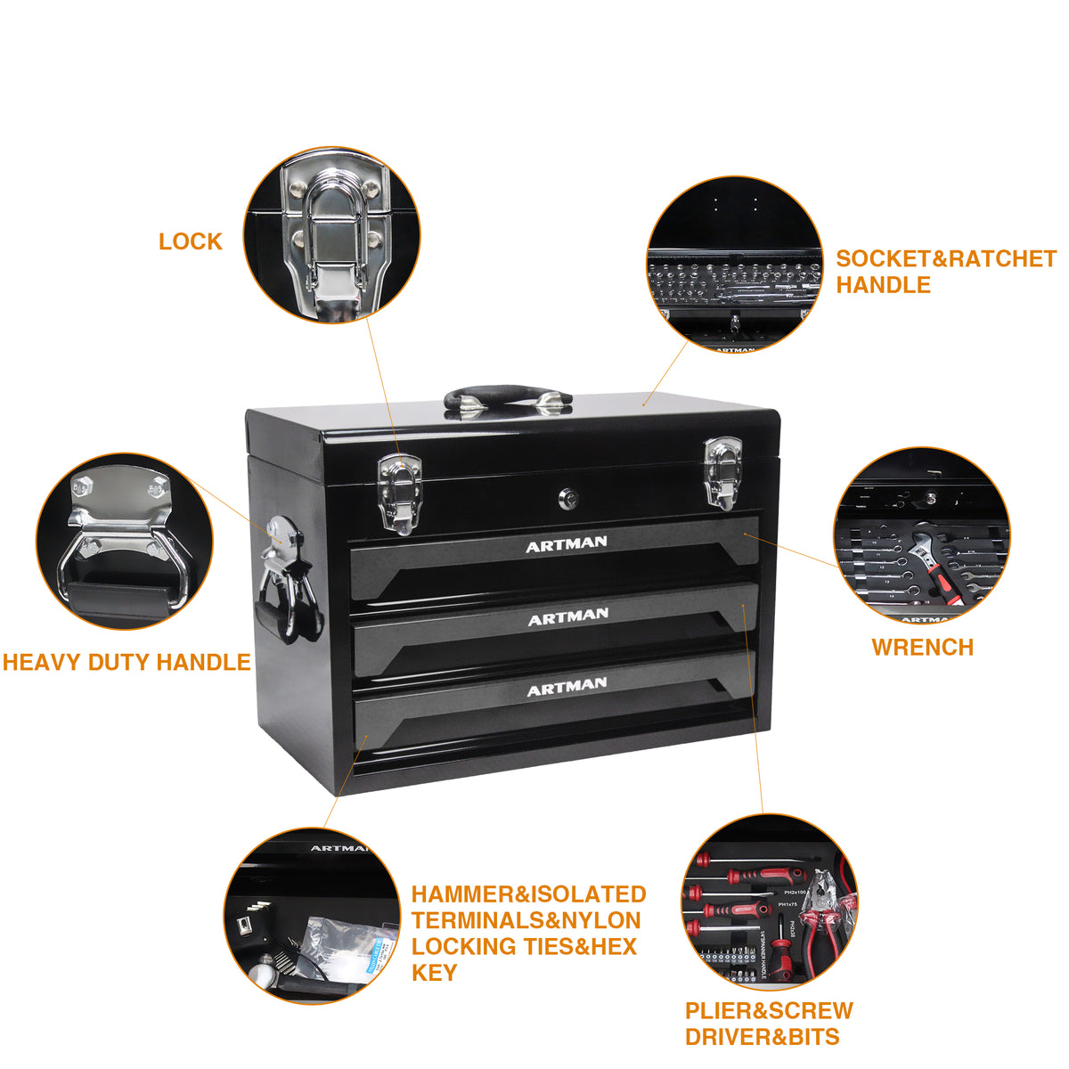 20'' Portable 3-Drawer Steel Toolbox
