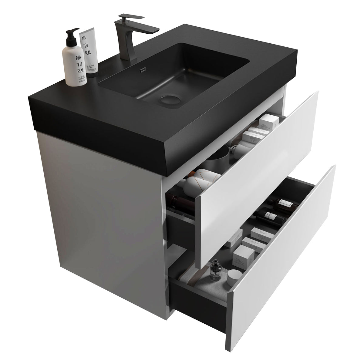 Alice 36" Wall-Mounted Bathroom Vanity, Matte Black Sink, White