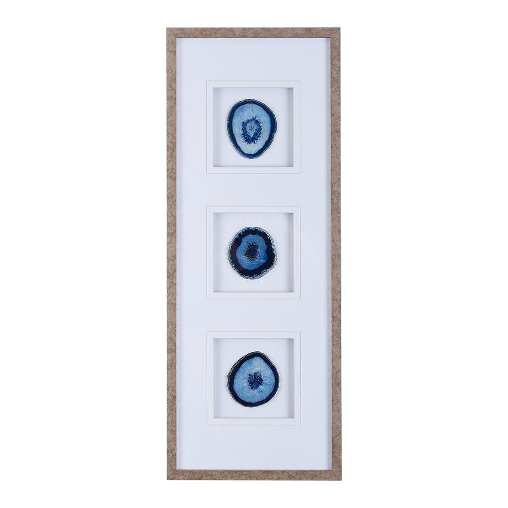 Real Stone Framed Glass and Double Matted Wall Art with Blue Agate - 34" x 13"
