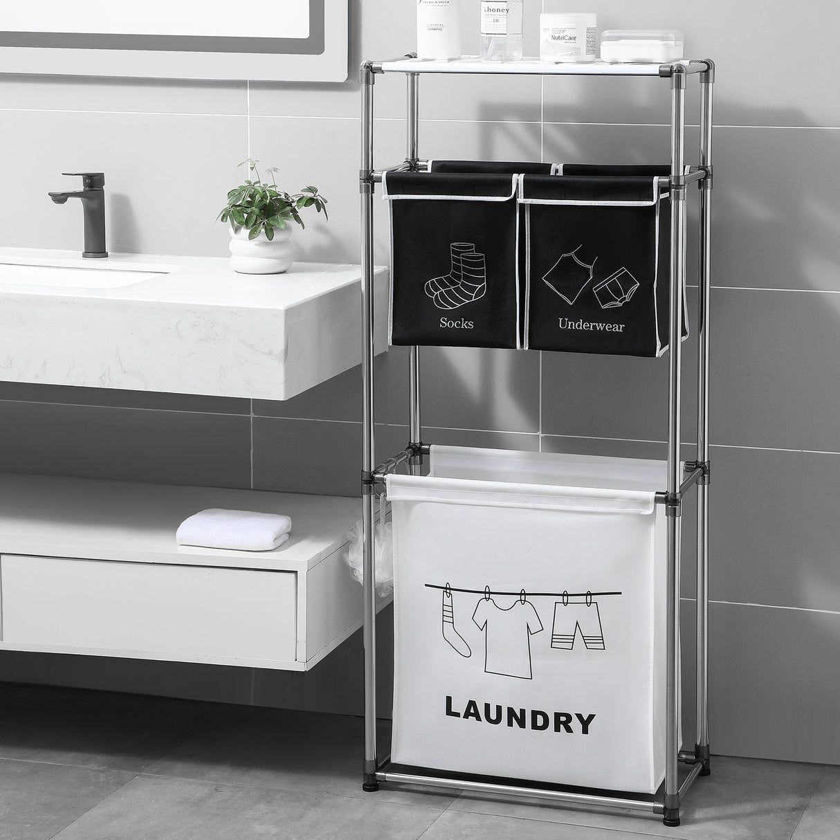 3 Tier Laundry Hamper Sorter with 4 Removable Bags