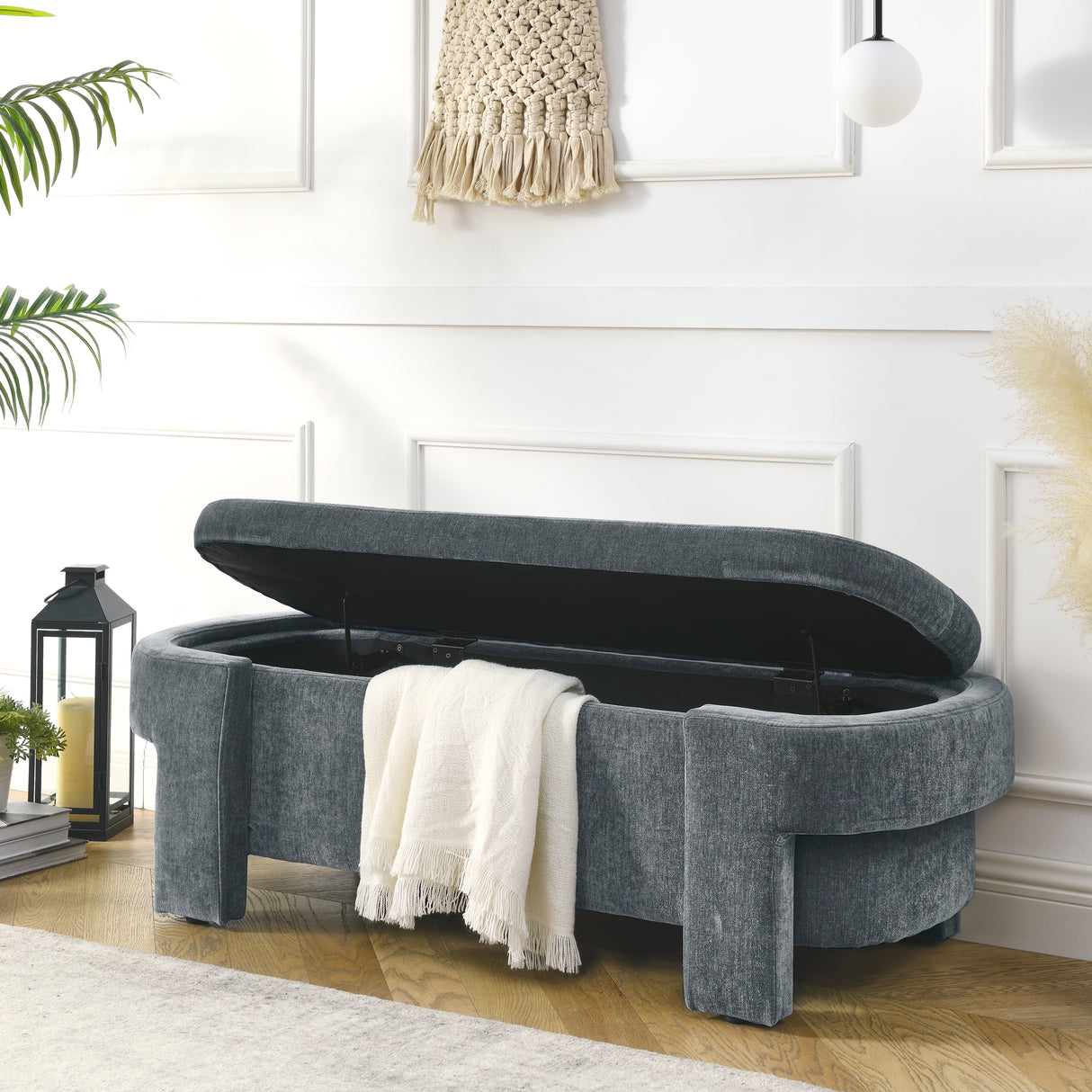 Chenille Upholstered Bench with Large Storage Space