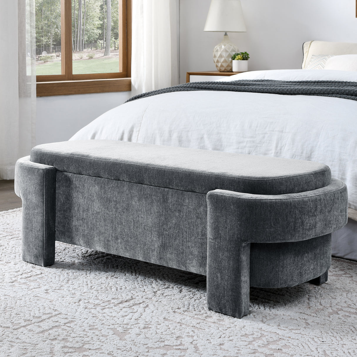 Chenille Upholstered Bench with Large Storage Space