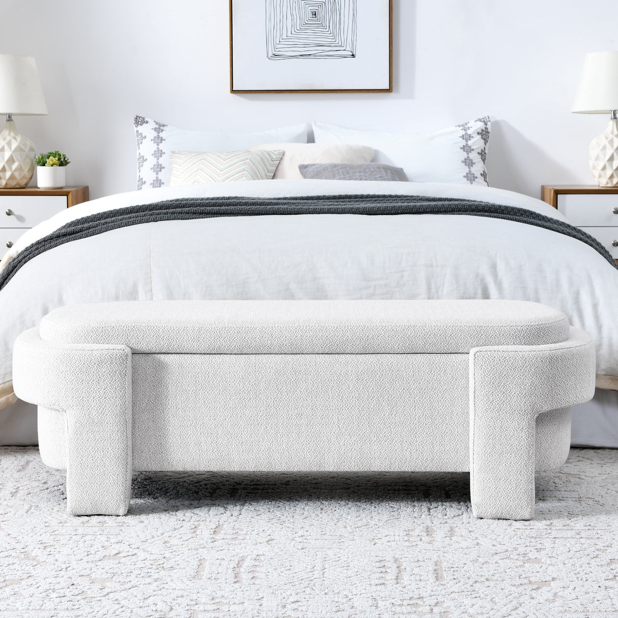 Linen Fabric Upholstered Bench with Large Storage Space
