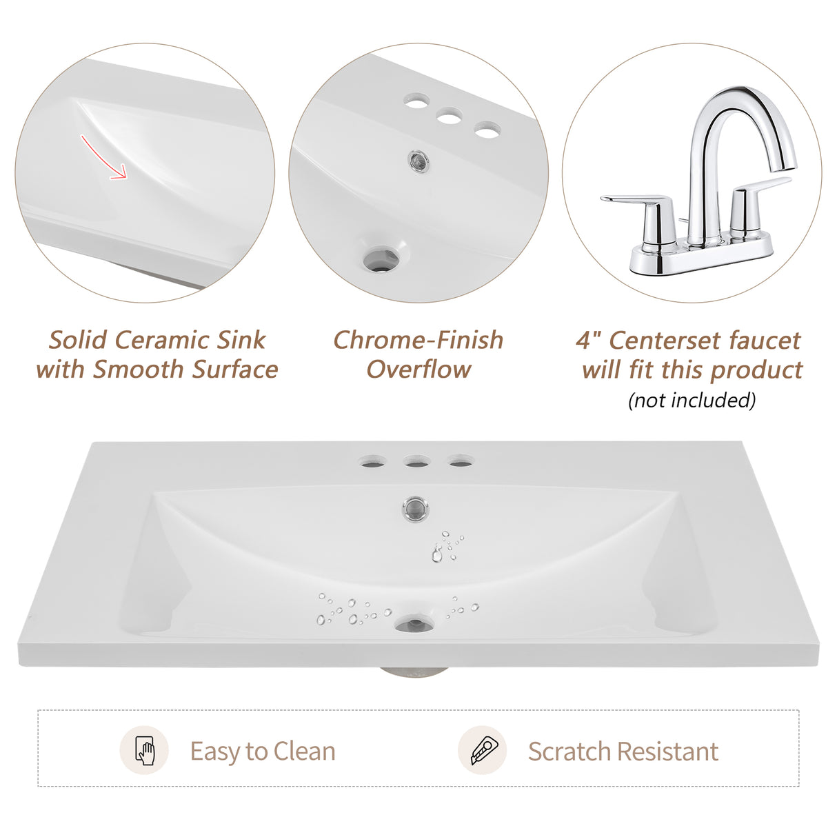 30" Single Bathroom Vanity Top with Undermount Ceramic Sink