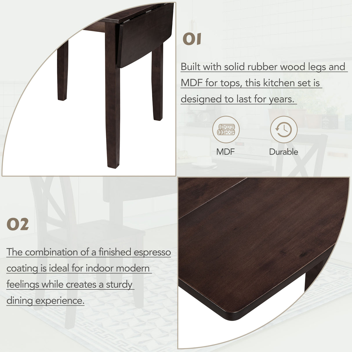 TOPMAX 3-Piece Wood Drop Leaf Breakfast Nook Dining Table Set with 2 X-back Chairs