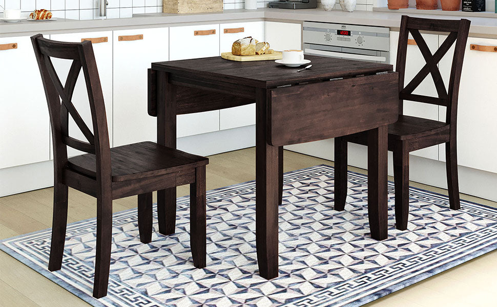 TOPMAX 3-Piece Wood Drop Leaf Breakfast Nook Dining Table Set with 2 X-back Chairs