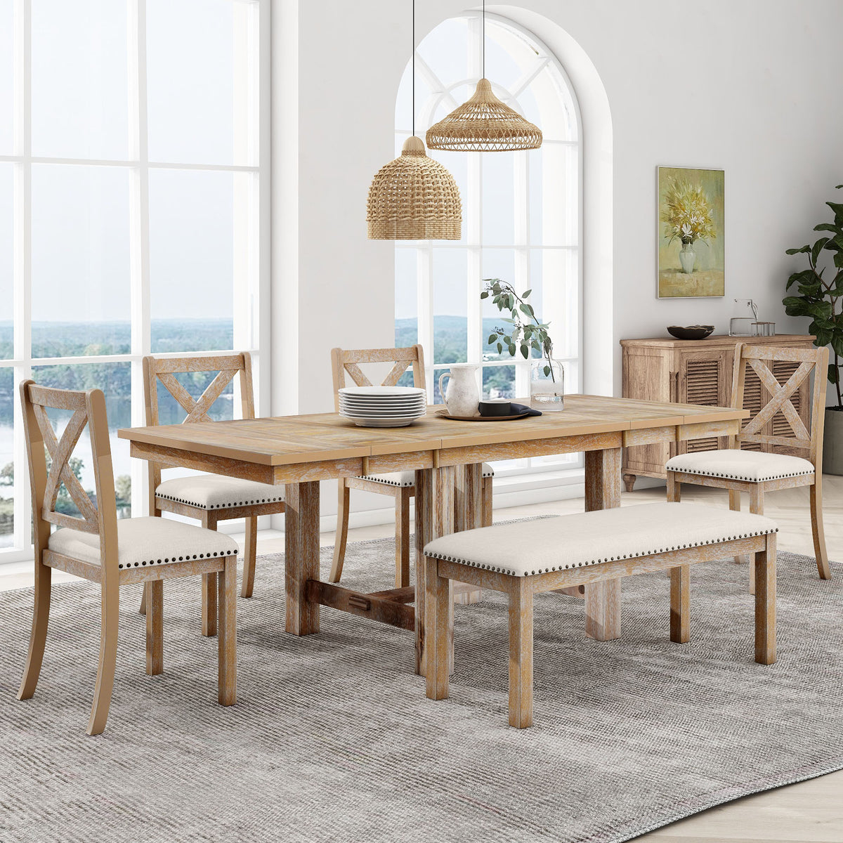 TOPMAX Farmhouse 82inch 6-Piece Extendable Dining Table Set