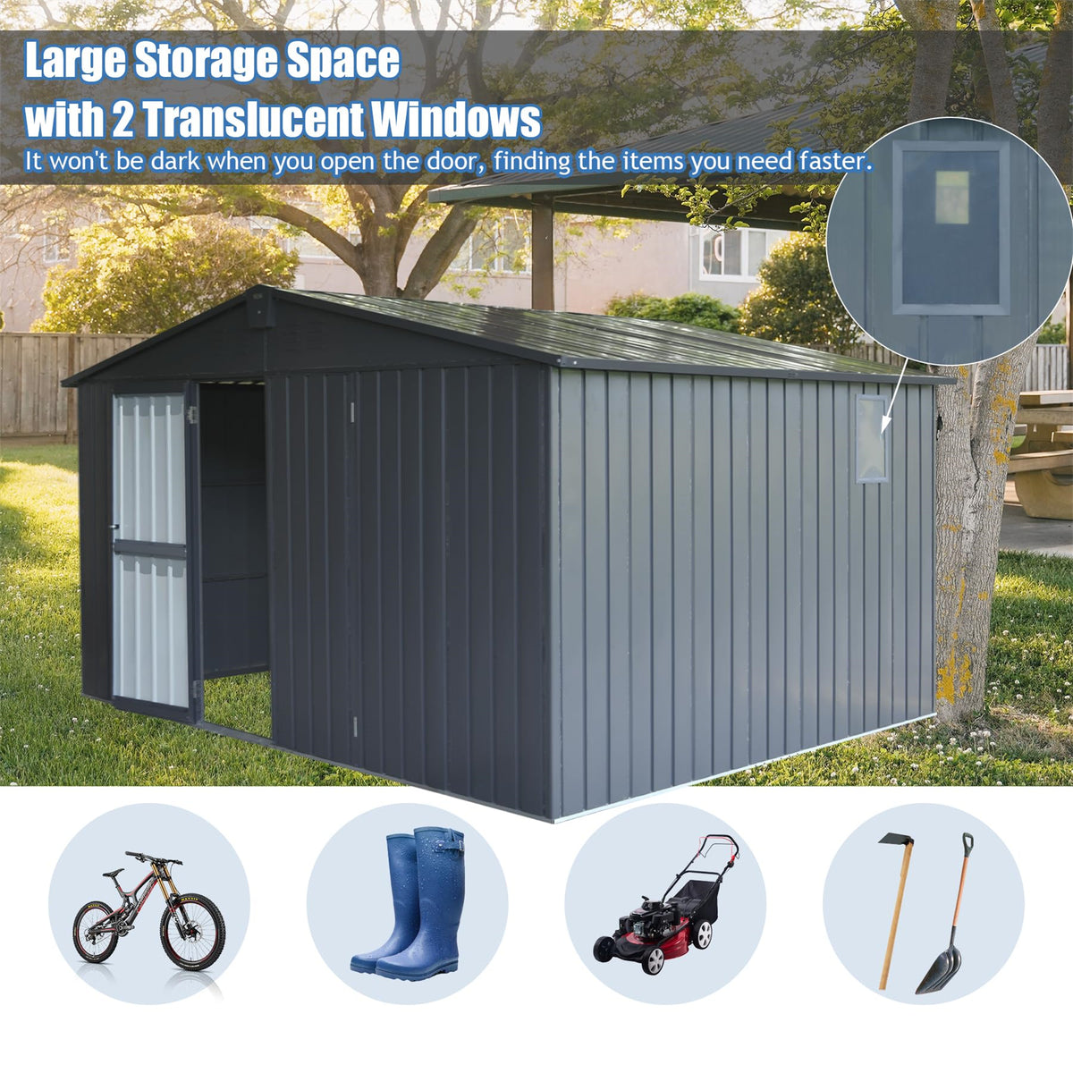 Backyard Storage Shed 11' x 12.5', Galvanized Steel Frame with Windows, Dark Gray