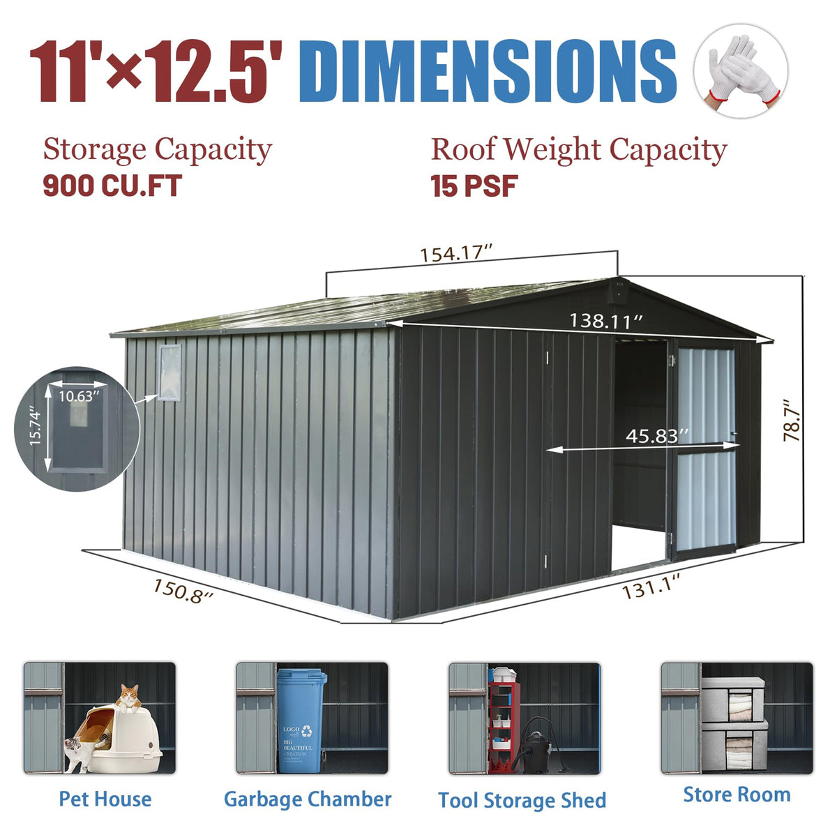 Backyard Storage Shed 11' x 12.5', Galvanized Steel Frame with Windows, Dark Gray