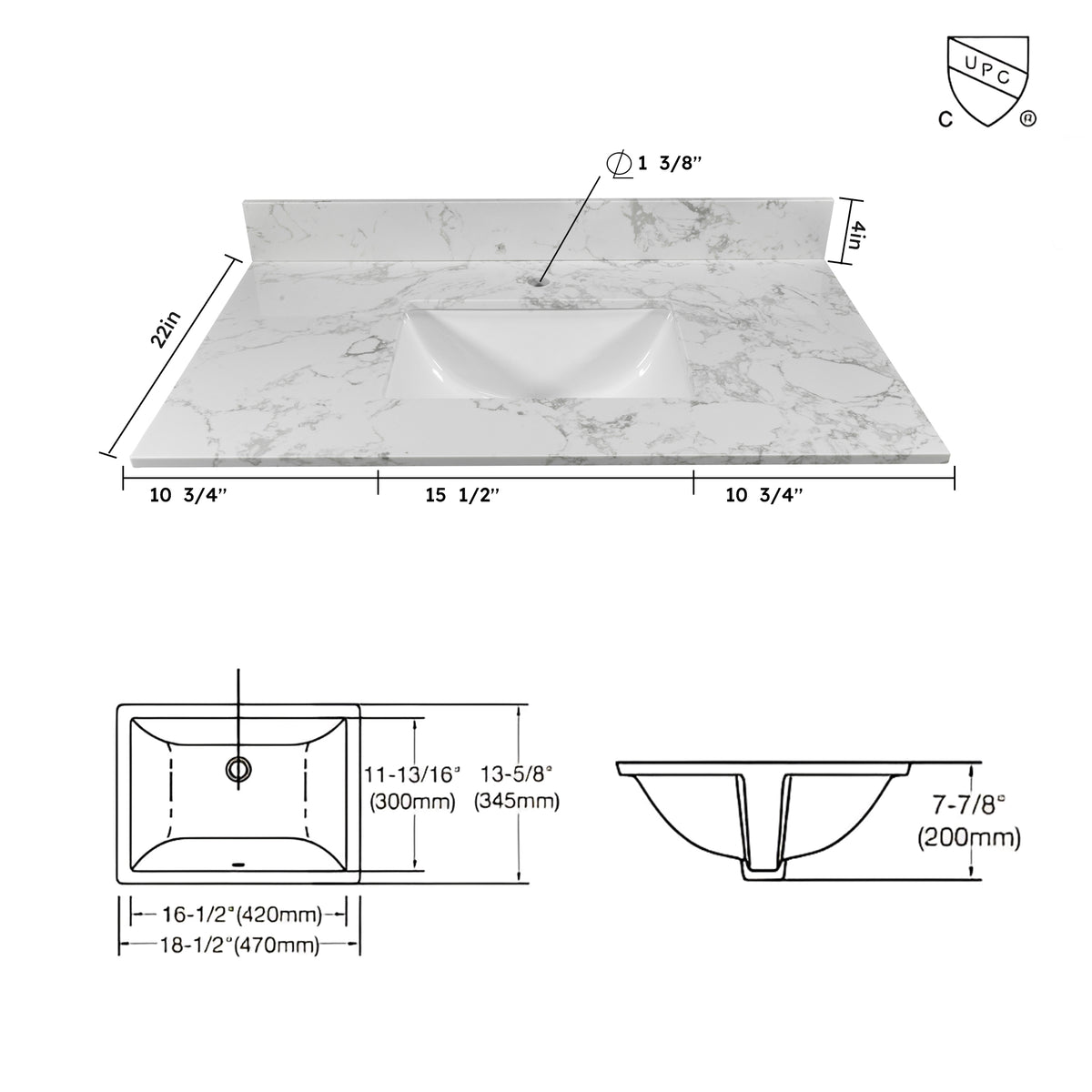 Montary 37-Inch Bathroom Vanity Top in Stone Carrara