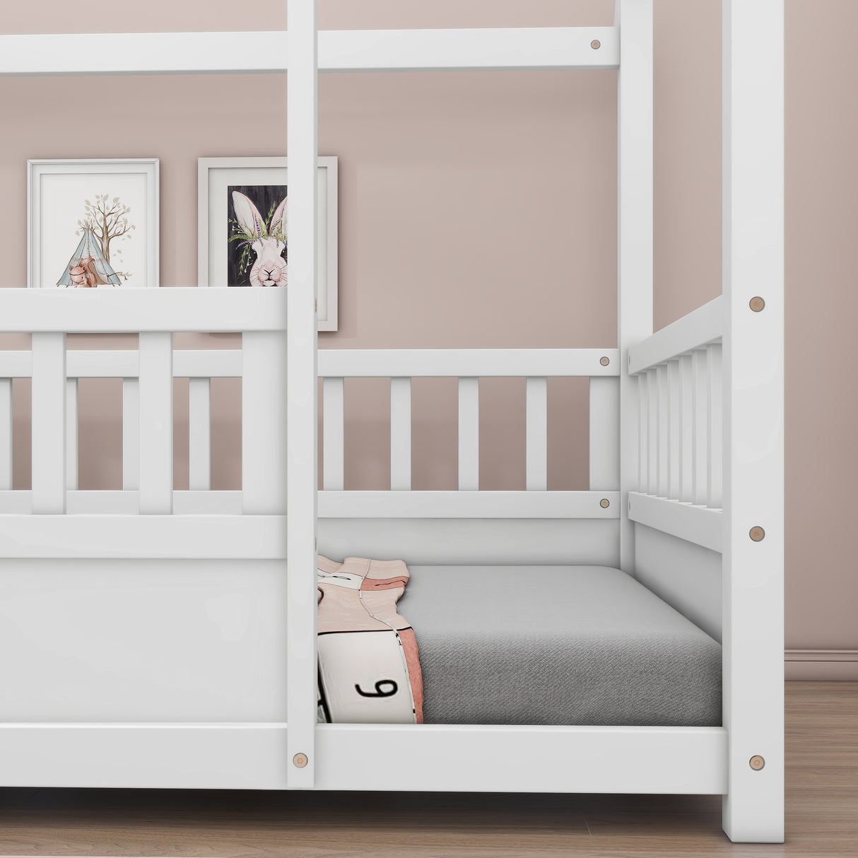 Twin Size Floor Wooden Bed with House Roof Frame