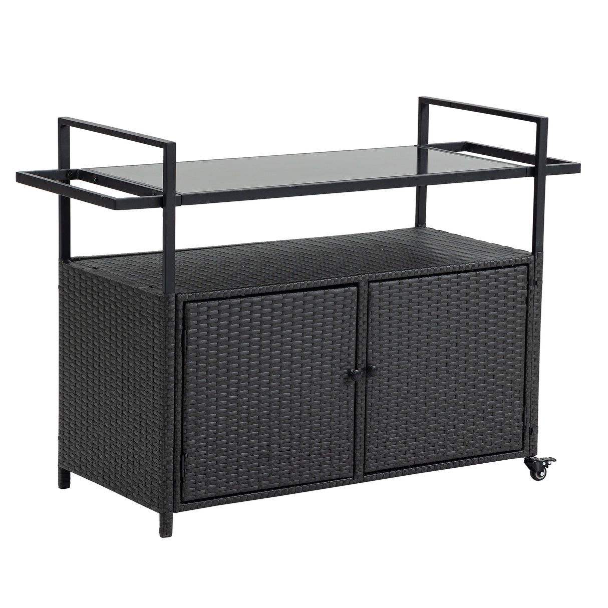 Outdoor Wicker Bar Cart with Glass Top and Wheels