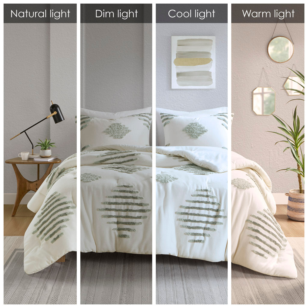 Full/Queen Cotton Blend Chenille Comforter Set with Tufted Design - White