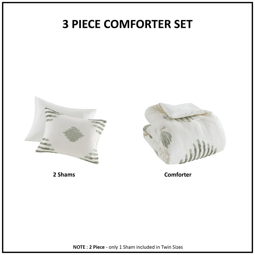 Full/Queen Cotton Blend Chenille Comforter Set with Tufted Design - White