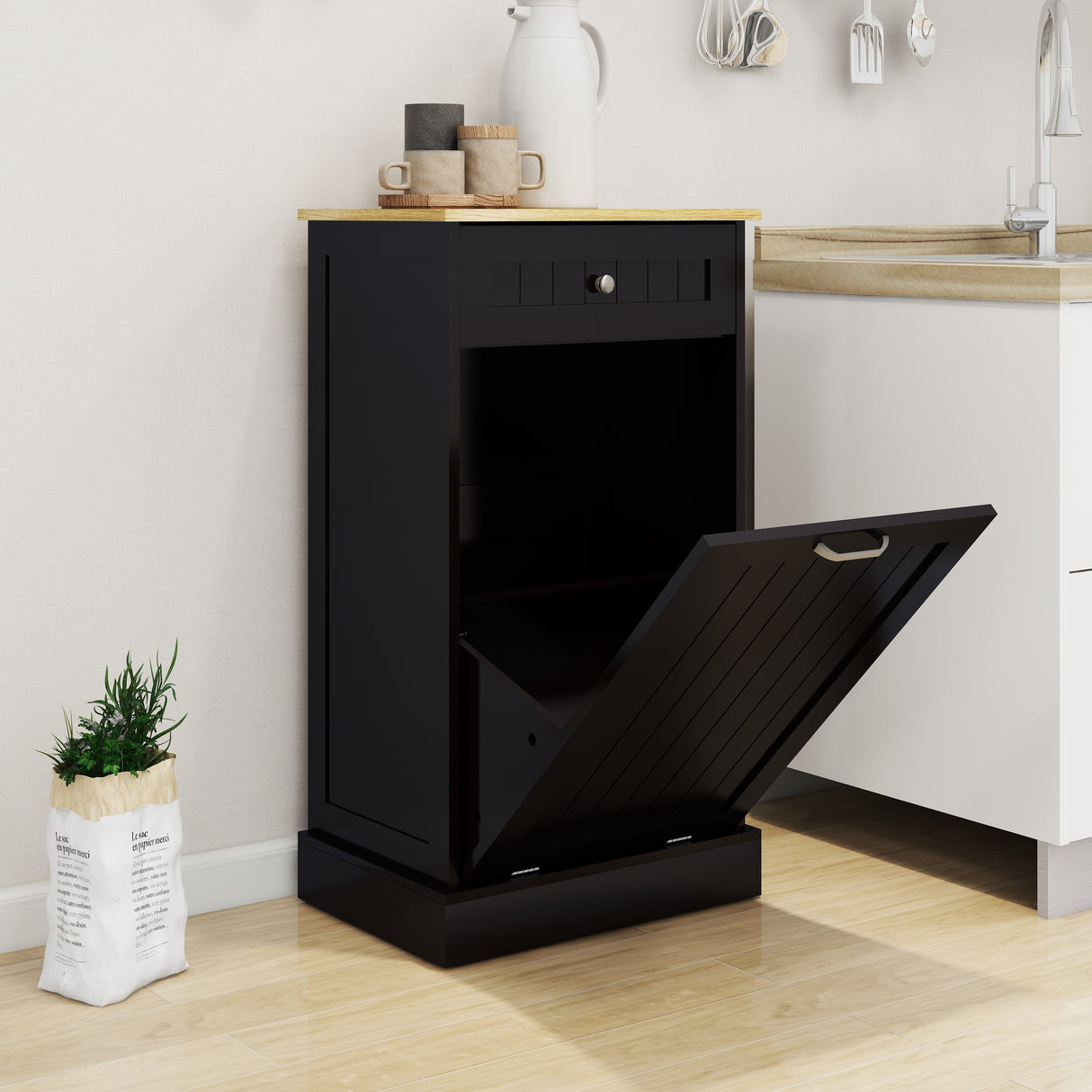 Tilt-Out Trash Cabinet with One Drawer in Black