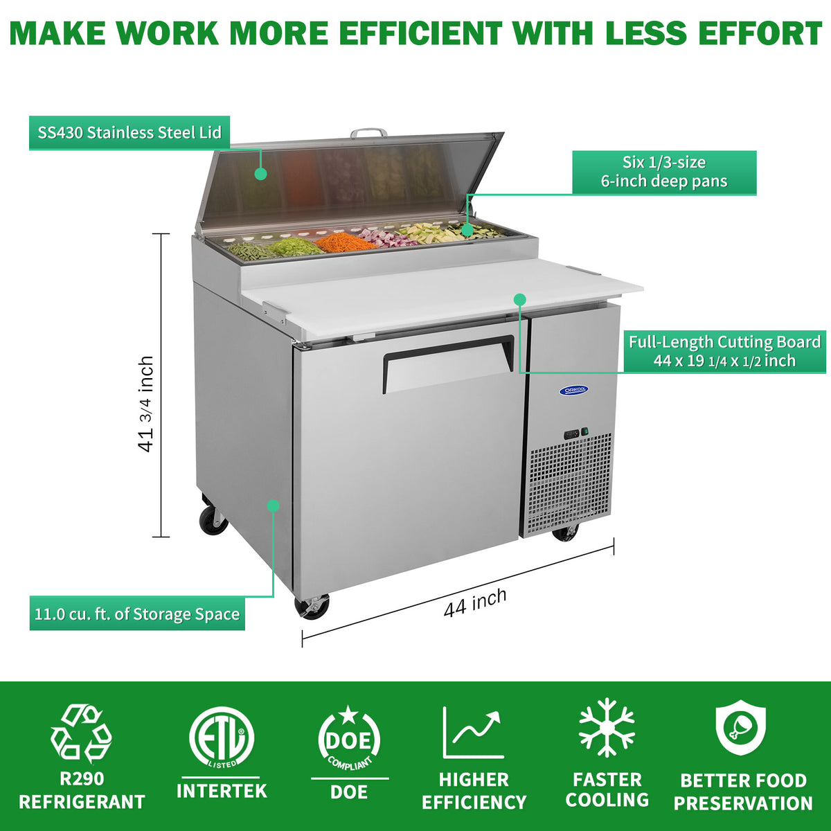 Orikool 44 Inch Commercial Pizza Prep Table with Refrigerator