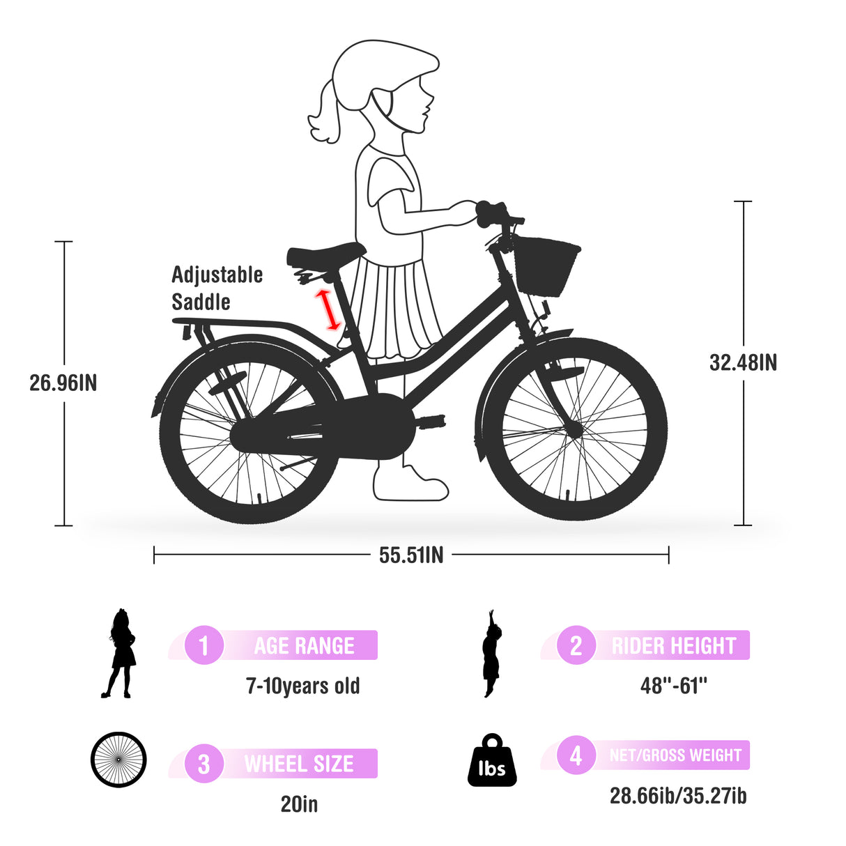Girls Bike with Basket for Ages 7-10 Years - 20 Inch Wheels