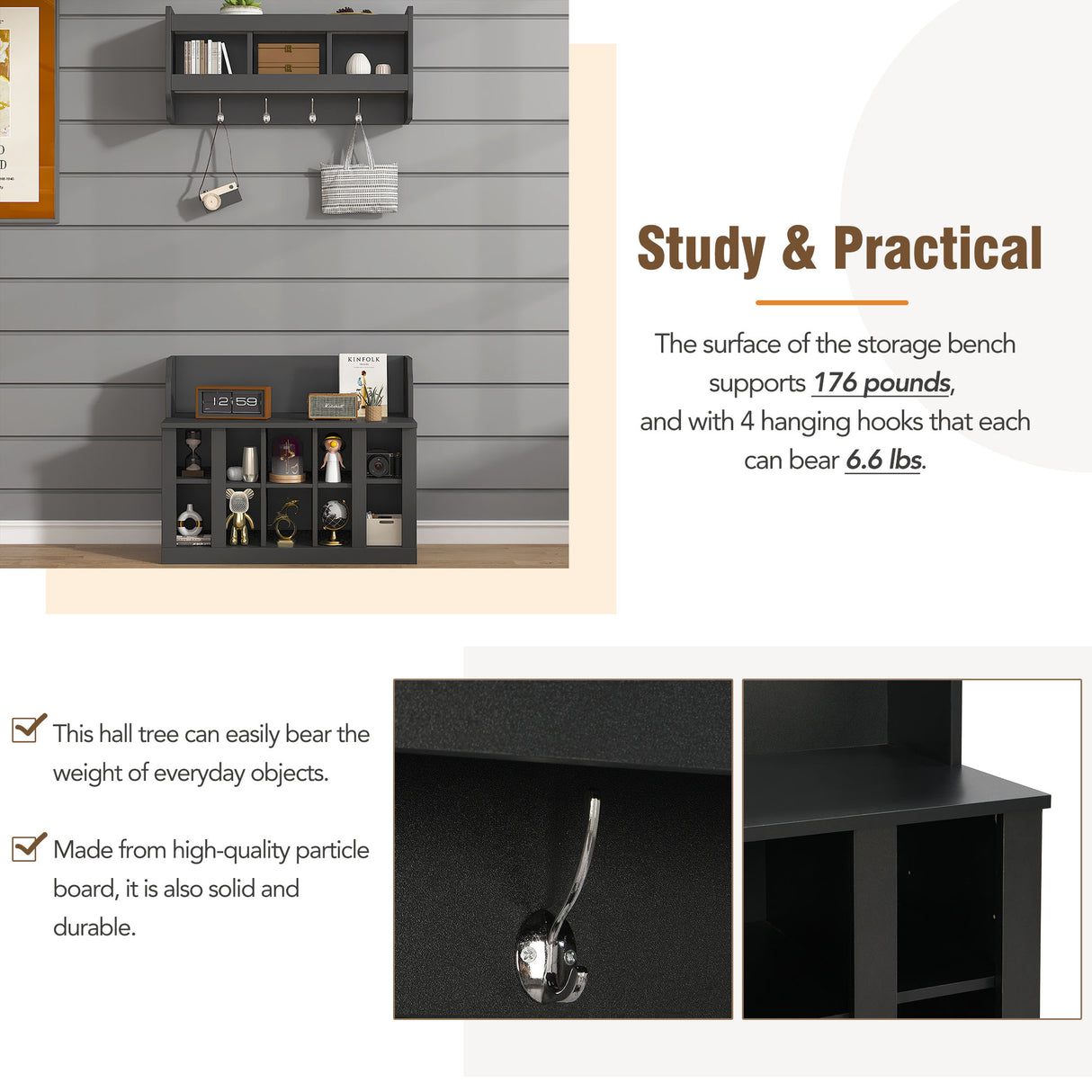 ON-TREND Shoe Storage Bench with Shelves and Hooks