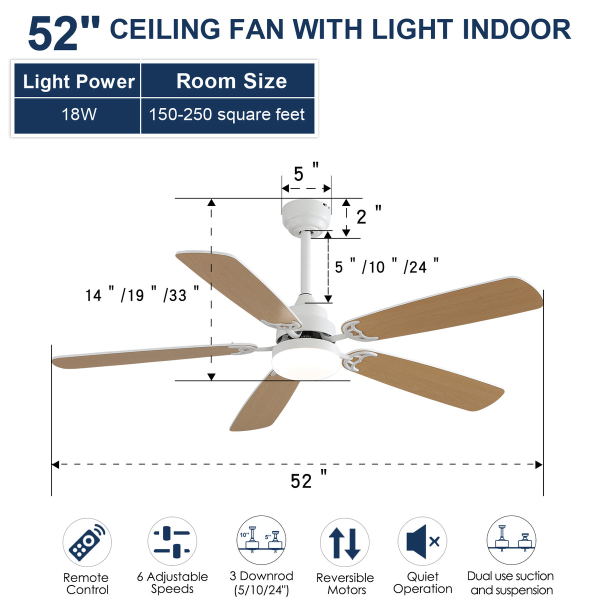 Indoor Modern 52 Inch Ceiling Fan with LED Light and Remote Control