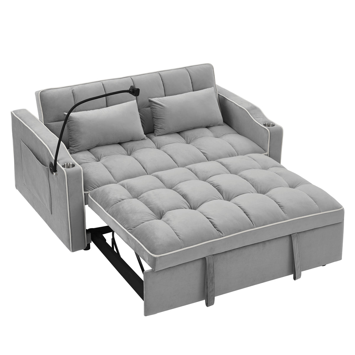 51-Inch Foldable Velvet Sofa Bed with Adjustable Back and USB Port, Gray