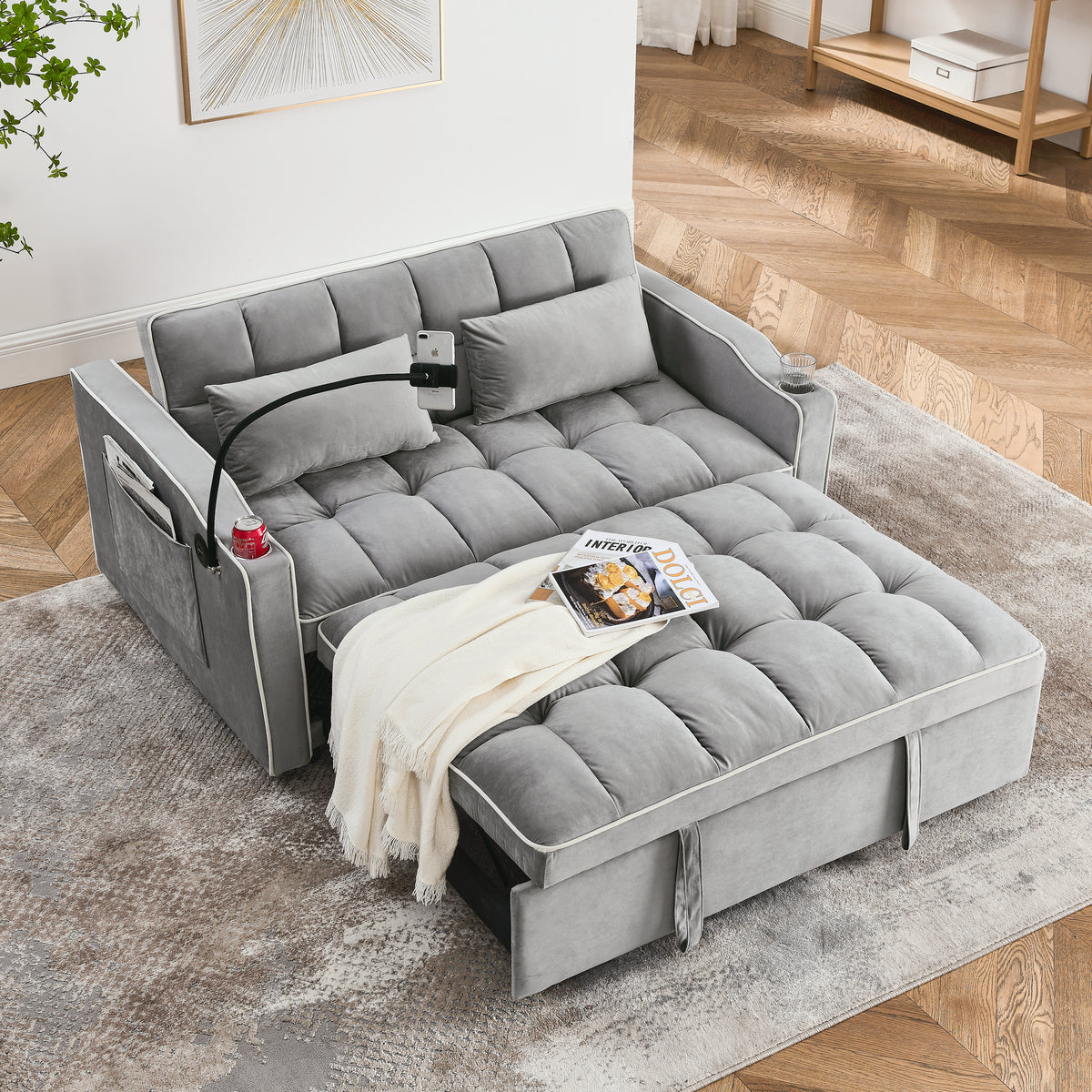51-Inch Foldable Velvet Sofa Bed with Adjustable Back and USB Port, Gray
