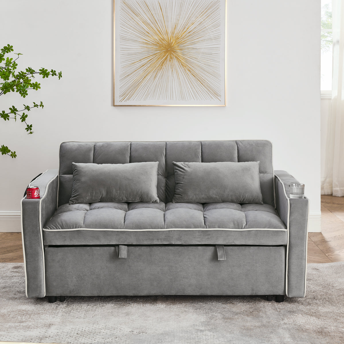 51-Inch Foldable Velvet Sofa Bed with Adjustable Back and USB Port, Gray