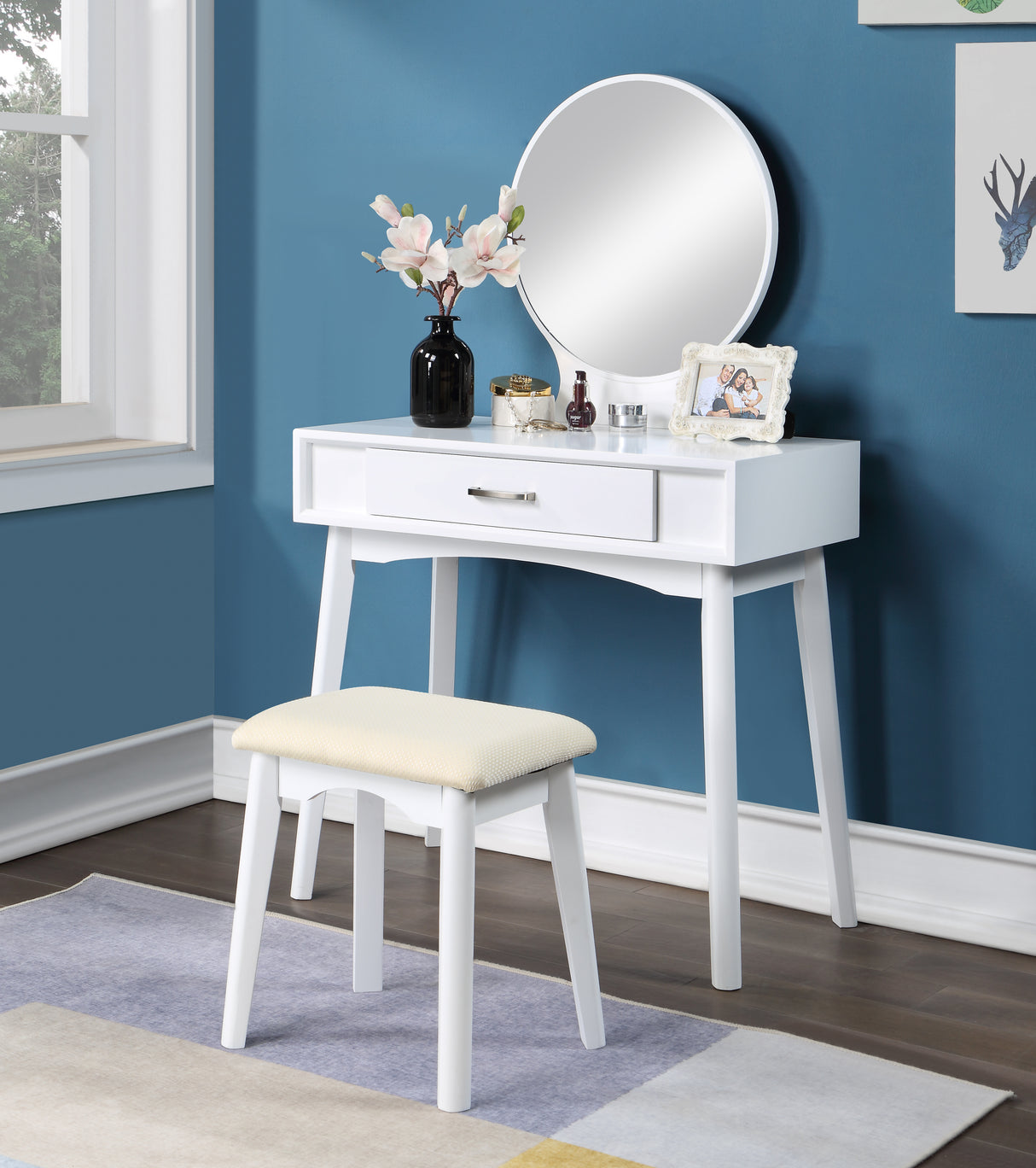 Maly Contemporary Wood Vanity and Stool Set