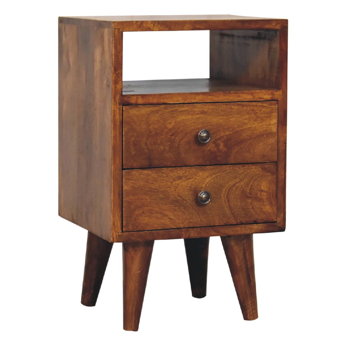 Solid Wood Mini Classic Chestnut Bedside, 2-Drawers, 1 Open Slot, Nordic Legs