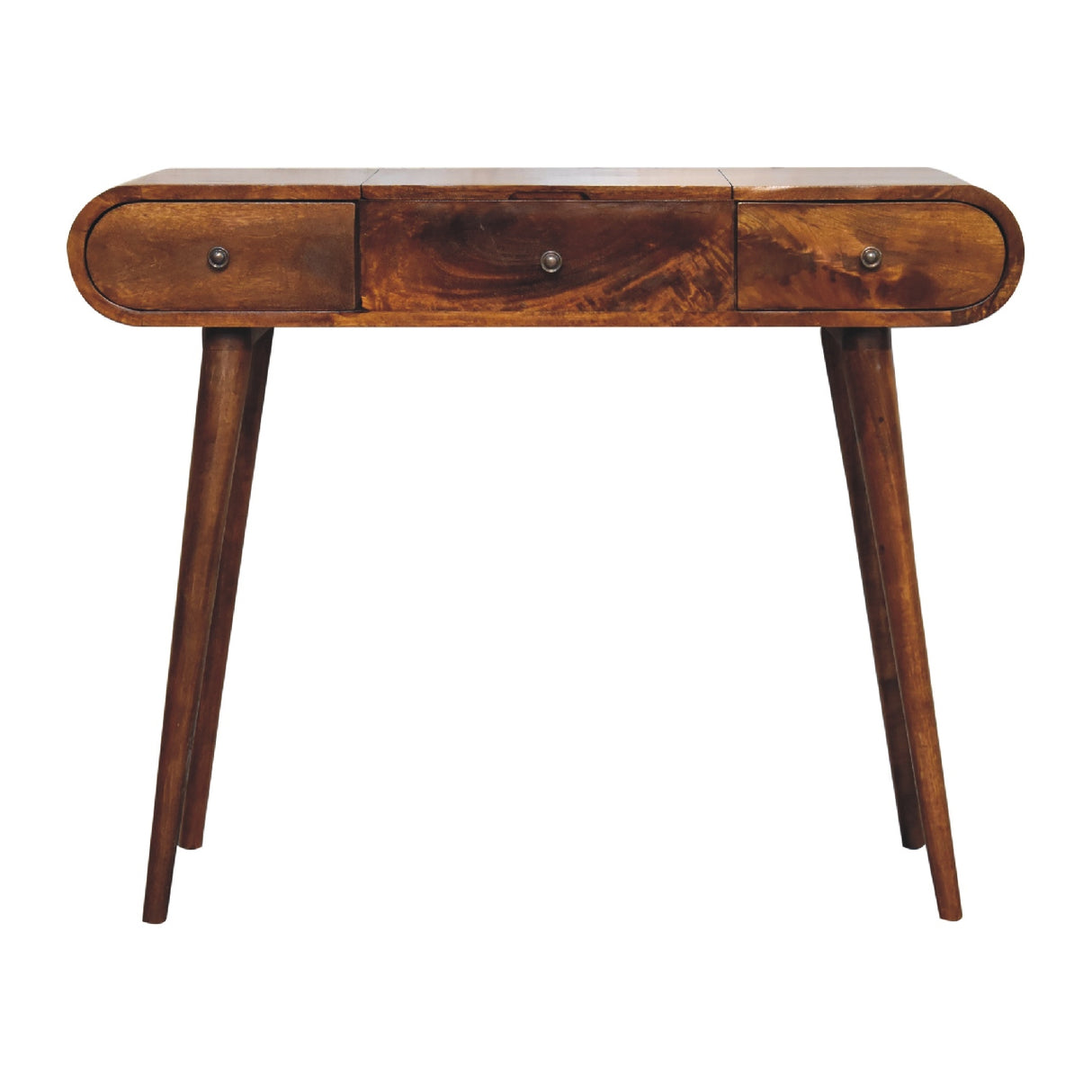 Chestnut Mirror Dressing Table, Nordic Legs, 2-Drawers, Compartments for Storage