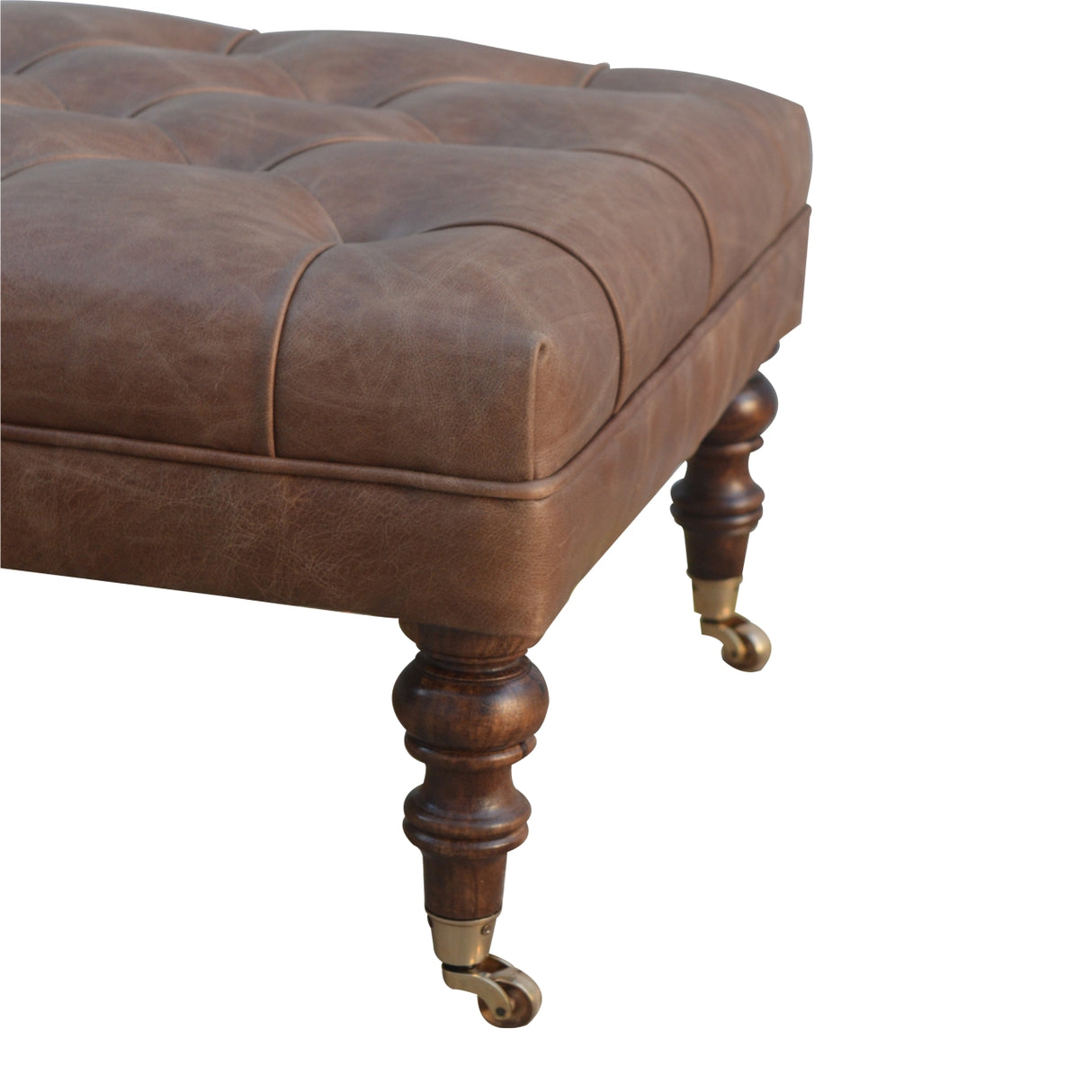 Solid Wood Buffalo Leather Upholstered Ottoman