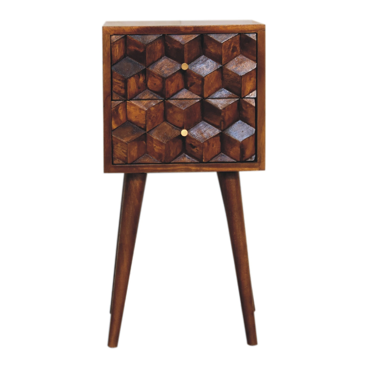 Solid Wood Mini Cube Nightstand, 2-Drawers, Chestnut