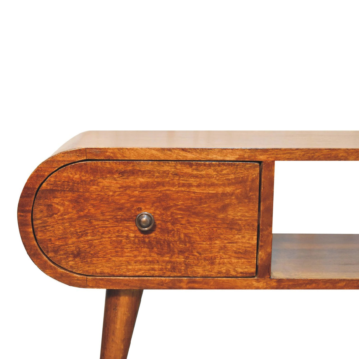 Solid Wood Chestnut Circular TV Unit, Nordic Legs, 2-Drawers, Open Slot