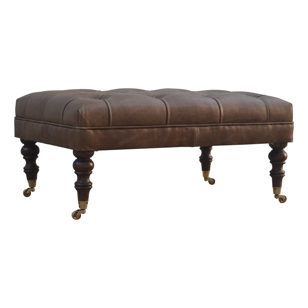 Solid Wood Buffalo Leather Upholstered Ottoman