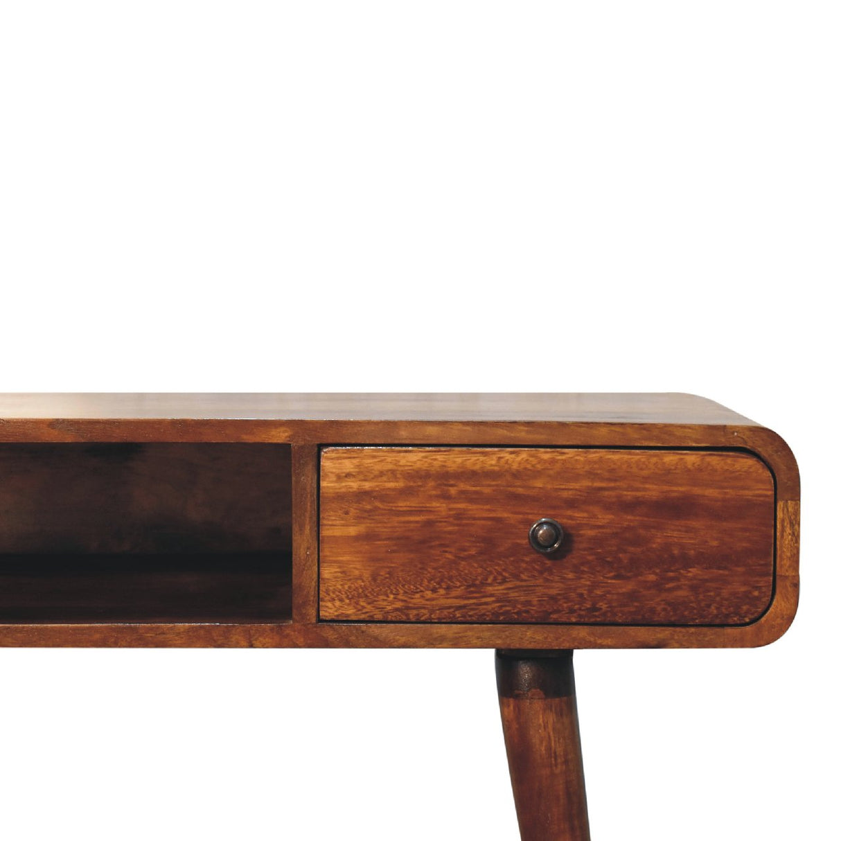 Solid Wood Curved Writing Desk, 1-Drawer, 1 Open Slot, Chestnut