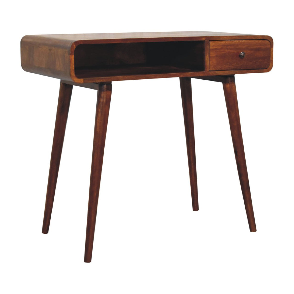 Solid Wood Curved Writing Desk, 1-Drawer, 1 Open Slot, Chestnut