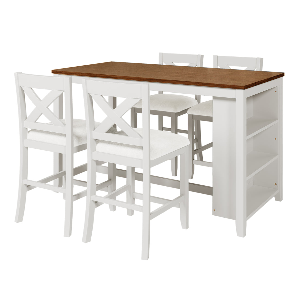 TOPMAX 5 Pieces Counter Height Rustic Farmhouse Dining Room Wooden Bar Table Set with 4 Chairs, White